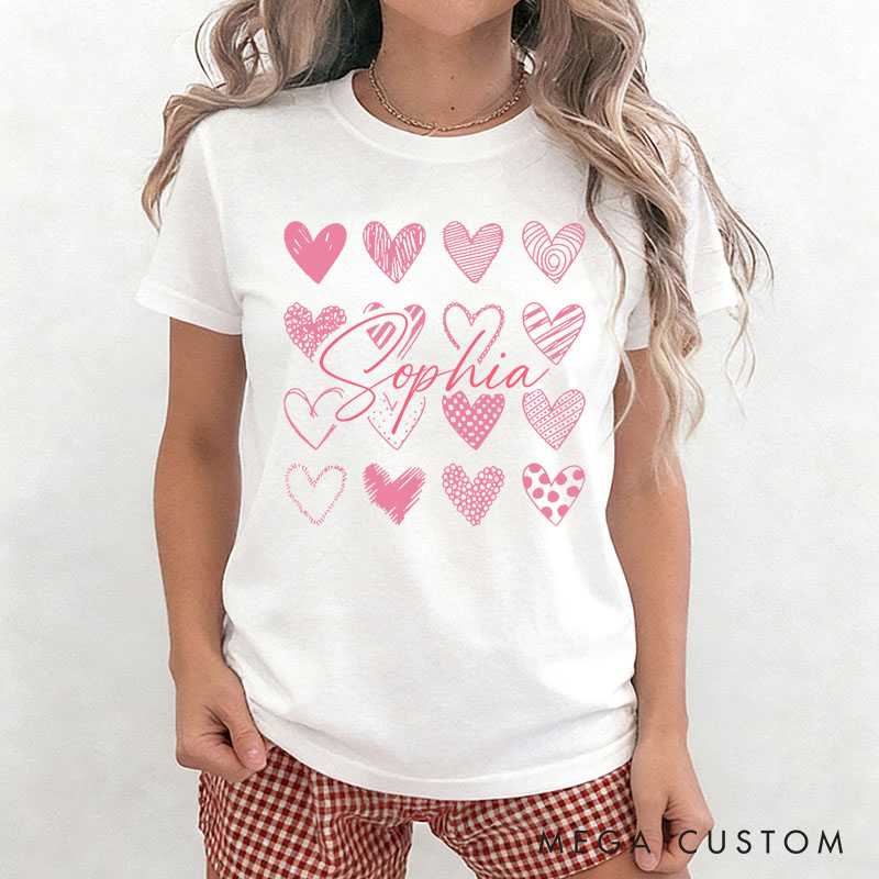 Personalized Couple Sweet Pink Hearts Matching T-Shirt with Name Valentine's Day T-Shirt for Husband Wife Boyfriend Girlfriend Gift for Hubby Wifey