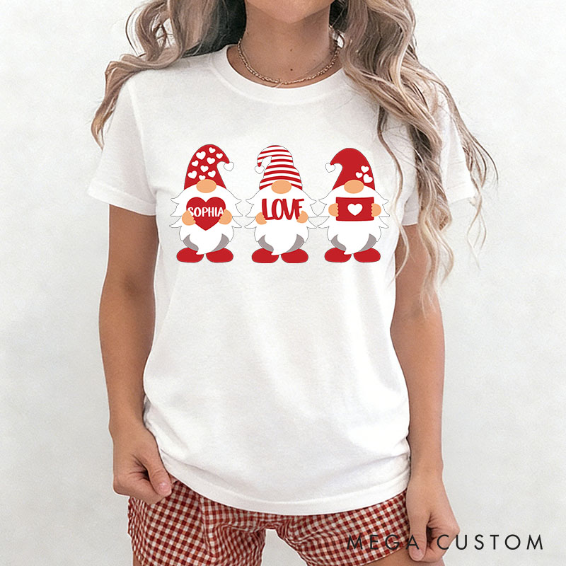 Personalized Couple Adorable Gnome with Heart and Name Matching T-Shirt Valentine's Day T-Shirt for Husband Wife Boyfriend Girlfriend Gift