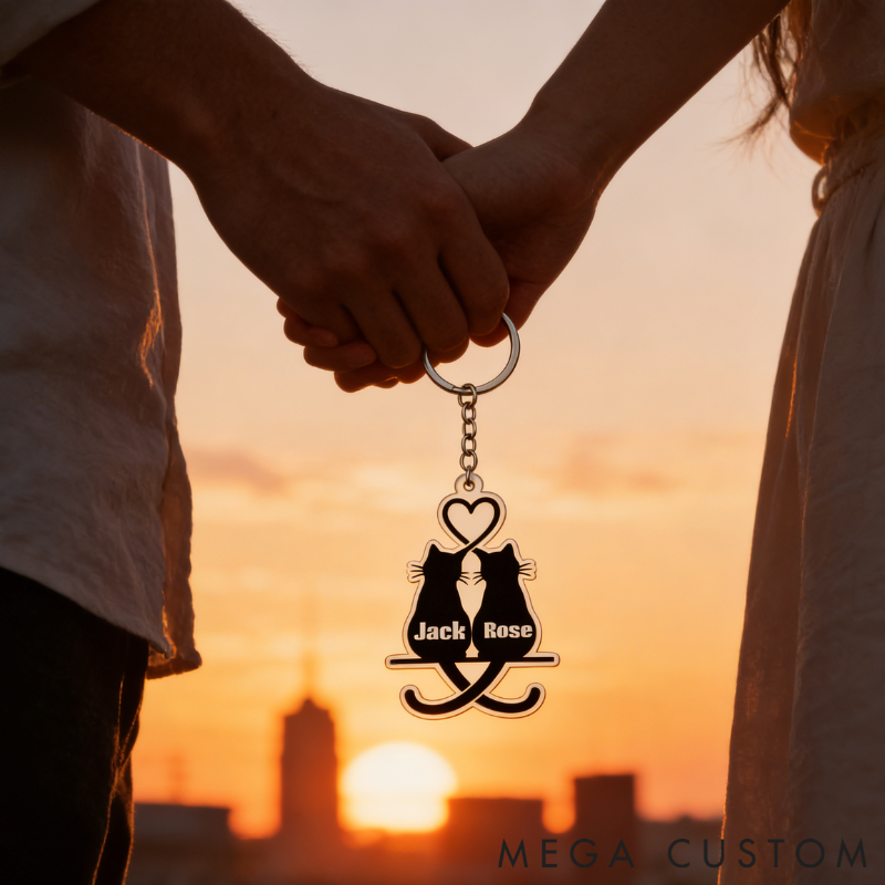Personalized Snuggling Cats Keychain Couple Silhouette Engraved Key Ring Cute Gift for Couples Valentine's Day Present