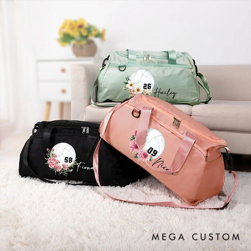 Personalized Volleyball Birth Flower Large Sport Duffle Bag with Shoe Compartment and Shoulder Strap Birthday Team Gift for Women Volleyball Lovers