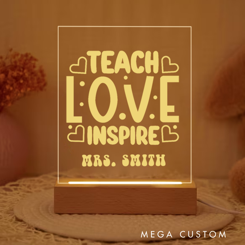 Personalized Teacher Night Light with Teach Love Inspire Heart Design Custom LED Gift with Laser Engraved Acrylic Design and Wooden Base