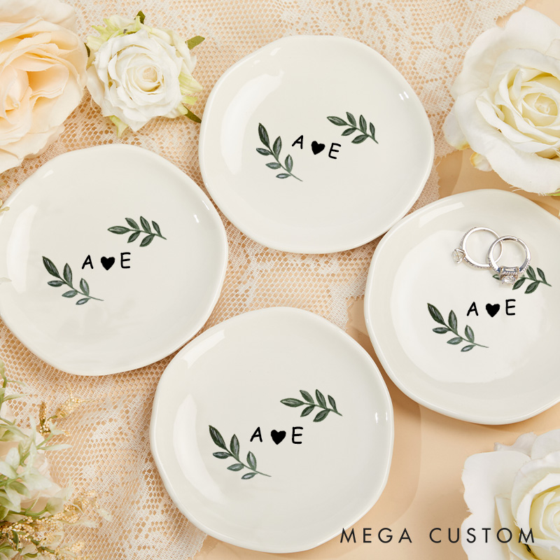 Personalized Simple Watercolor Oliver with Initials and Heart Wedding Engagement Irregular Round Ring Dish