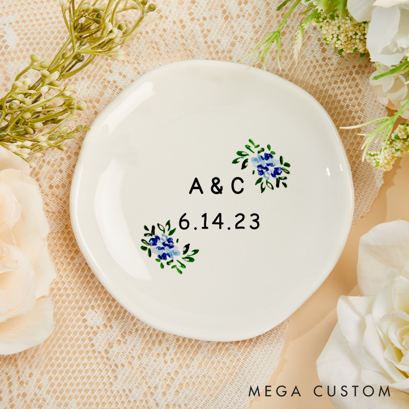 Personalized Blue Floral Wedding Monogram with Initials and Date Wedding Engagement Irregular Round Ring Dish