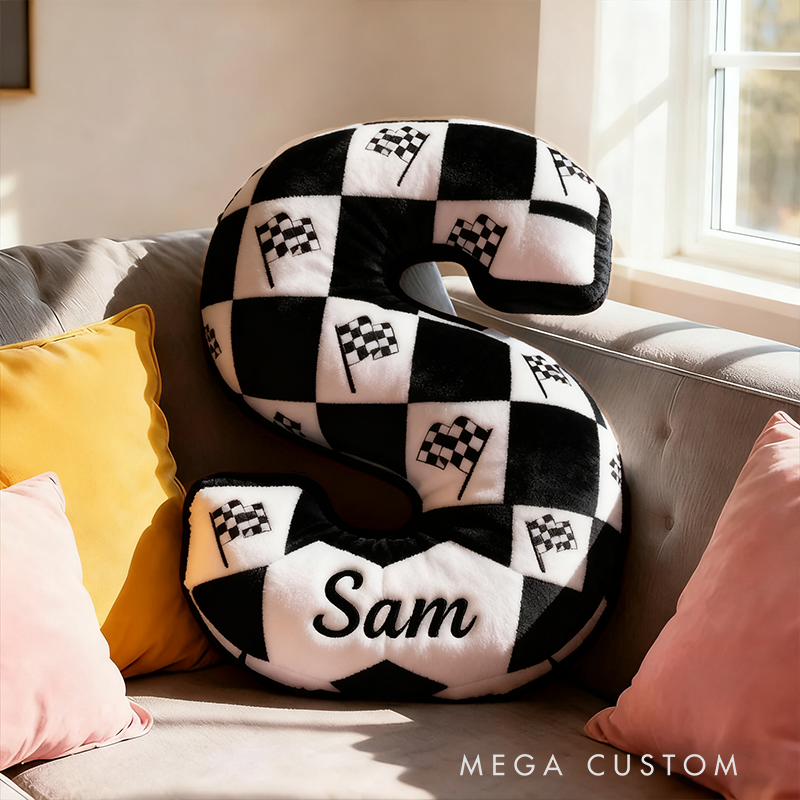 Personalized Checkered Flag Pillow Custom Name 3D Graphic Print Cushion Gift for Racers and Car Lovers