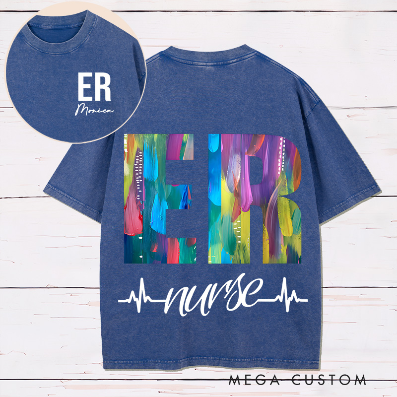 Personalized Two Sides Printed Washed T-Shirt Customized ER Nurse Vibrant Artistic Design Washed T-Shirt 