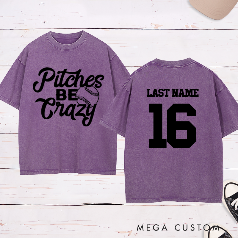 Personalized "Pitches Be Crazy" Baseball Washed T-Shirt with Custom Name and Number
