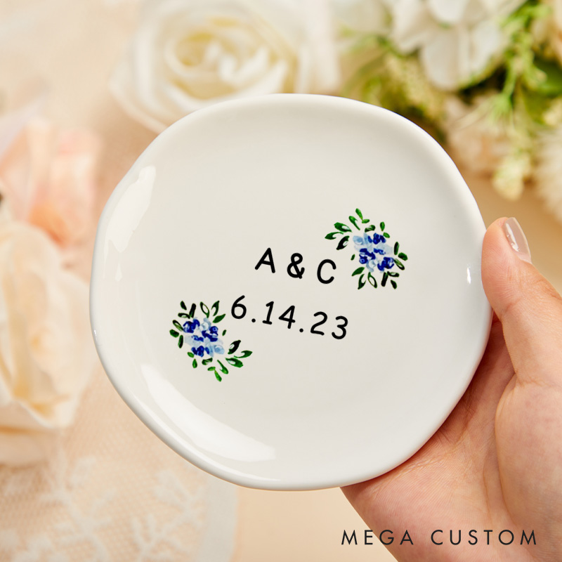 Personalized Blue Floral Wedding Monogram with Initials and Date Wedding Engagement Irregular Round Ring Dish