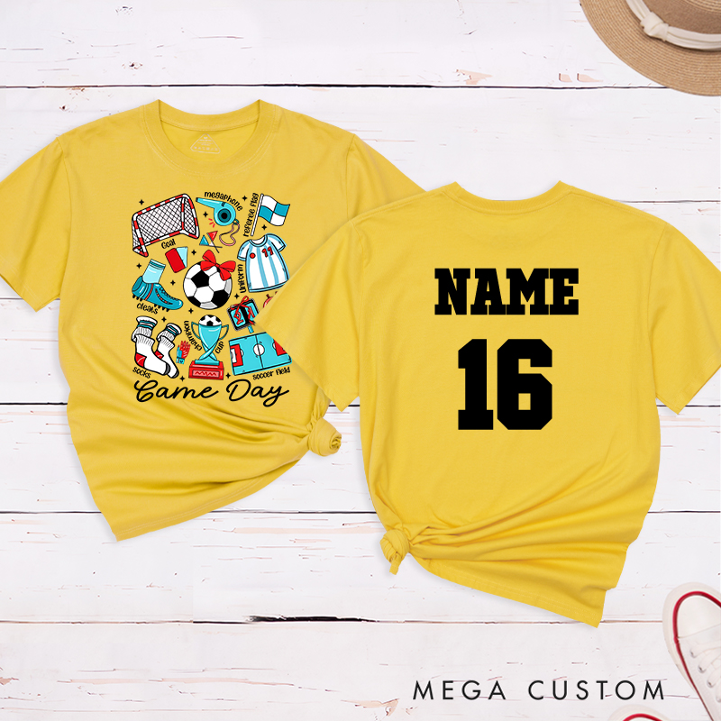 Personalized Game Day Soccer T-Shirt with Fun Illustrated Graphics and Custom Name and Number