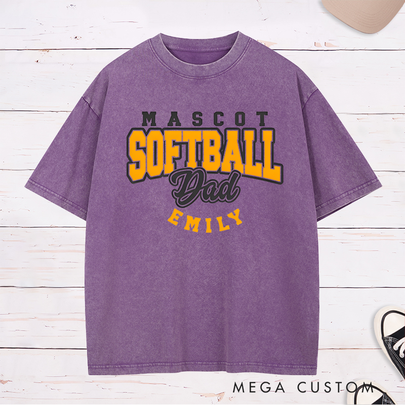 Personalized Softball Dad Washed T-Shirt Design Featuring Custom Team Name Player Name Bold Typography and Stylish Script Accent