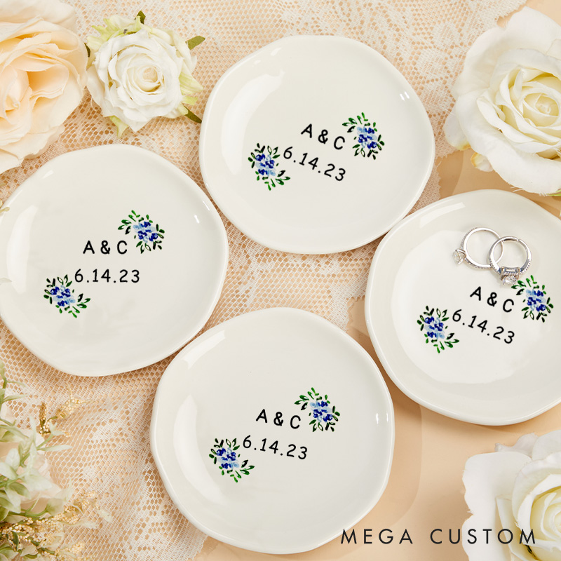 Personalized Blue Floral Wedding Monogram with Initials and Date Wedding Engagement Irregular Round Ring Dish