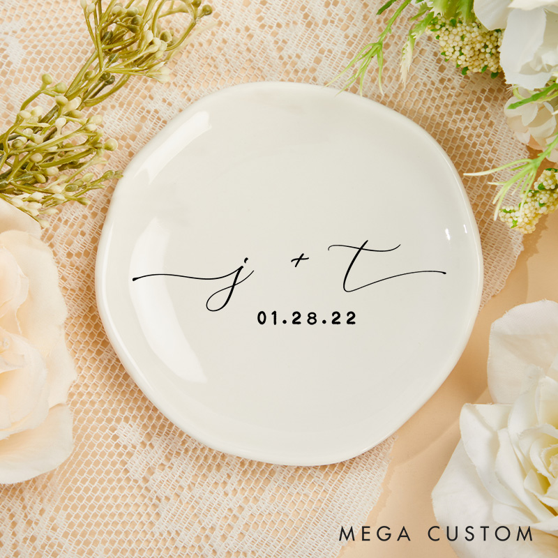 Personalized Minimalist Initials with Date Wedding Engagement Irregular Edge Round Ring Dishes