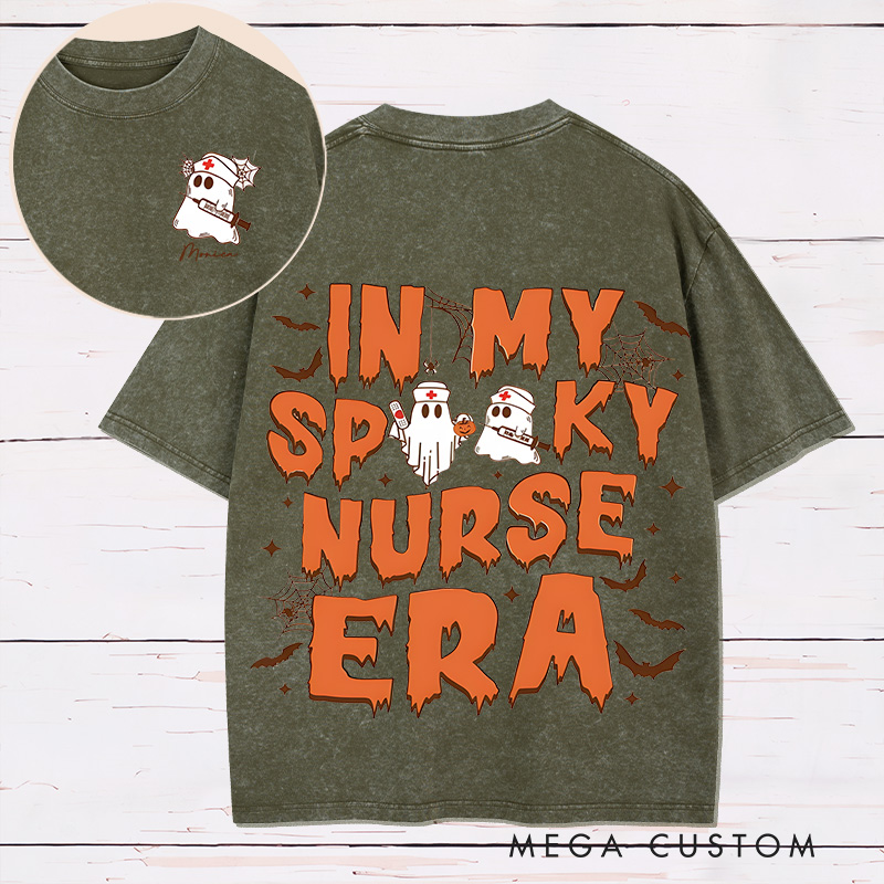 Personalized Two Sides Printed Washed T-Shirt Customized In My Spooky Nurse Era Design Washed T-Shirt 