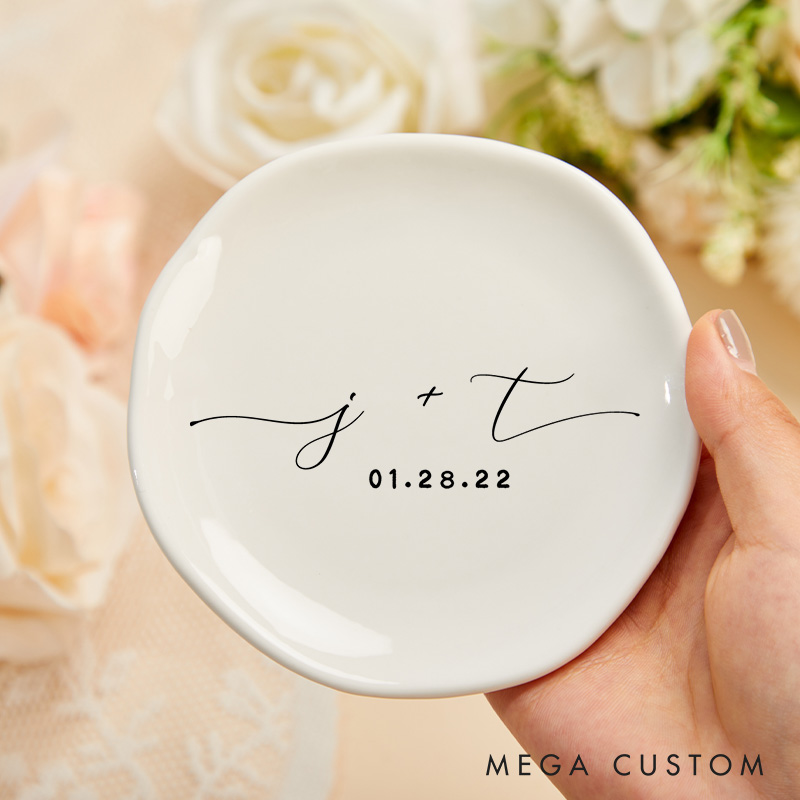 Personalized Minimalist Initials with Date Wedding Engagement Irregular Edge Round Ring Dishes