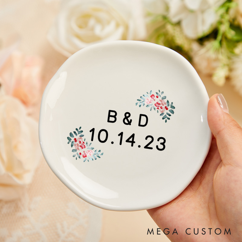 Personalized Red Floral Wedding Monogram with Initials and Date Wedding Engagement Irregular Round Ring Dish