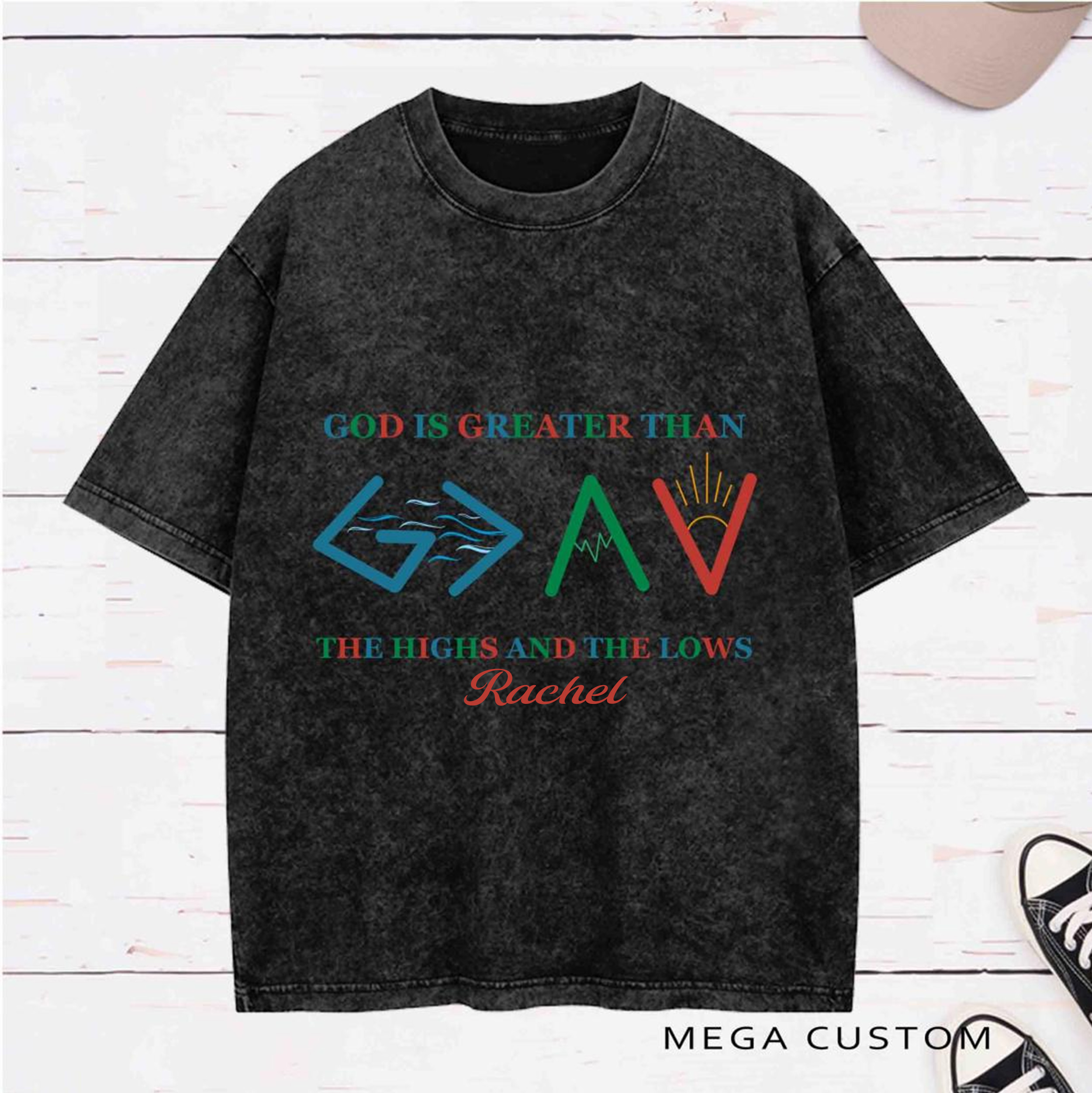 Personalized Character Bible Verse God Is Greater Than the Highs and The Lows Washed T-Shirt with Name Birthday Easter Gift for Christian