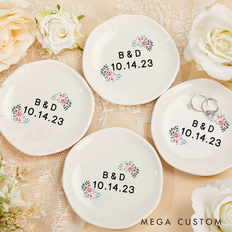 Personalized Red Floral Wedding Monogram with Initials and Date Wedding Engagement Irregular Round Ring Dish