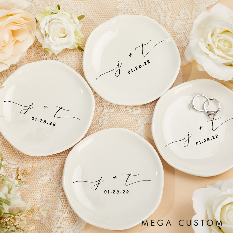 Personalized Minimalist Initials with Date Wedding Engagement Irregular Edge Round Ring Dishes