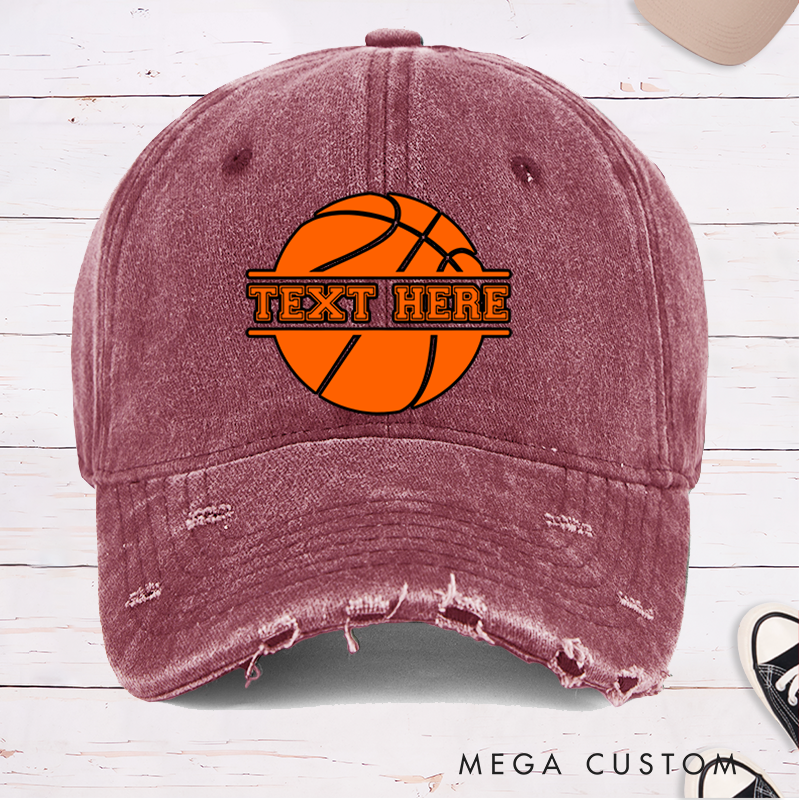 Personalized Distressed Basketball Cap with Custom Text and Bold Basketball Graphic Design