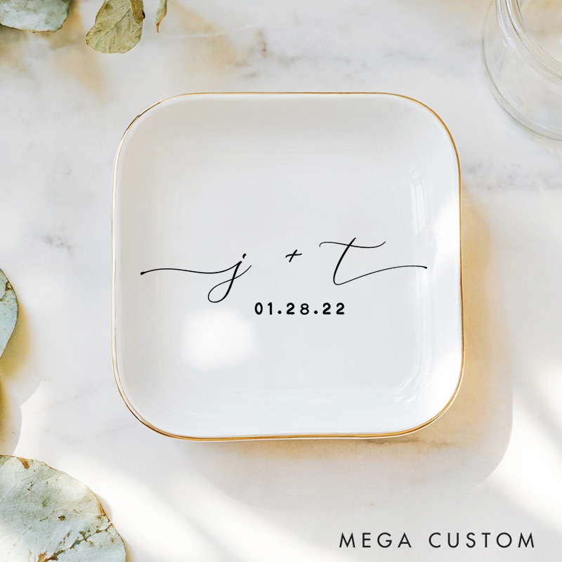 Personalized Minimalist Initials with Date Wedding Engagement Gold-Trimmed Ring Dishes