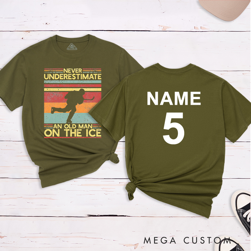Personalized "Never Underestimate an Old Man on the Ice" Hockey T-Shirt with Custom Name and Number
