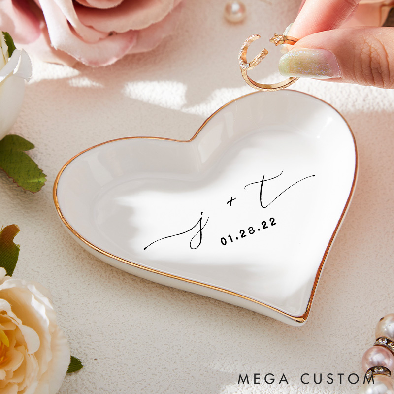 Personalized Minimalist Initials with Date Wedding Engagement Gold-Trimmed Ring Dishes