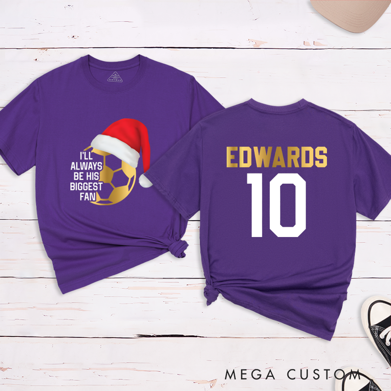 Personalized Christmas Soccer Fan T-Shirt with Custom Name and Number Design