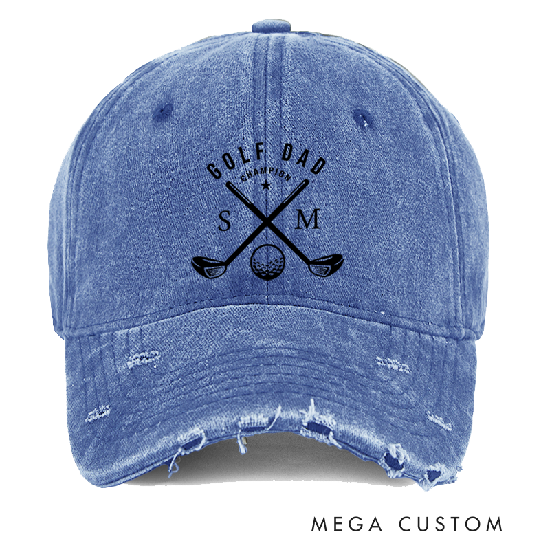 Personalized Golf Dad Distressed Denim Baseball Cap with Custom Initials Champion Text and Crossed Golf Club Design for Proud Golf Enthusiast Fathers