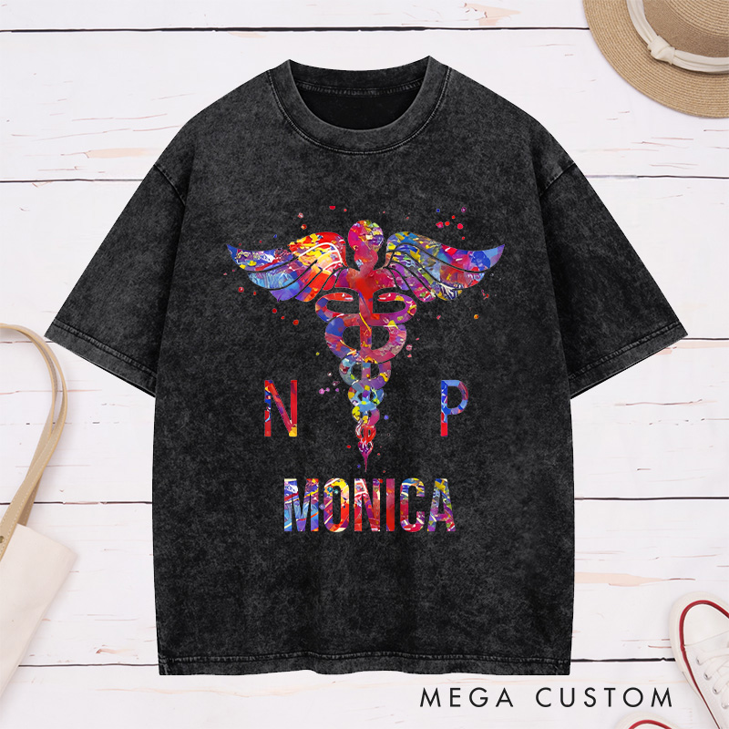 Personalized Nurse Washed T-Shirt Customized NP Colorful Caduceus Graphic Design Washed T-Shirt 