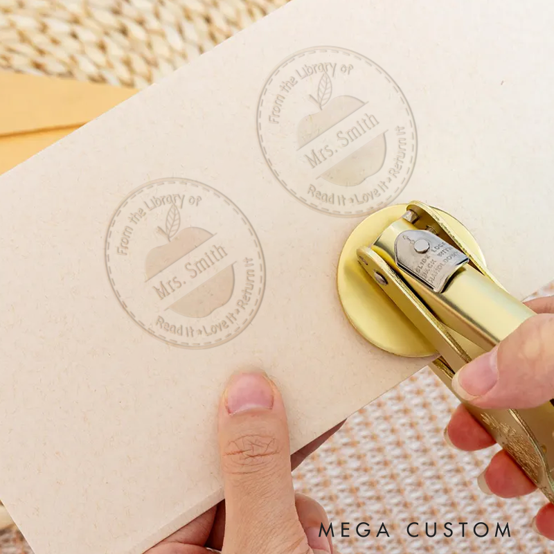 Personalized Teacher Book Embosser Stamp with Apple Design Thoughtful Gift for Teachers