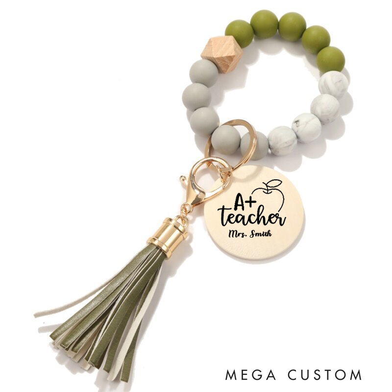Personalized Teacher Keychain A Plus Teacher Design Silicone Beads Bracelet Keychain Wooden Engraved Wristlet Keychain Teacher Appreciation Gift