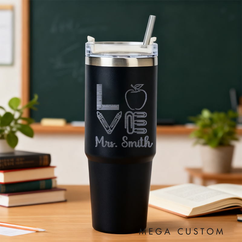 Personalized Tumbler Gift for Teacher Custom Love Apple Design Tumbler Engraved Tumbler Gift