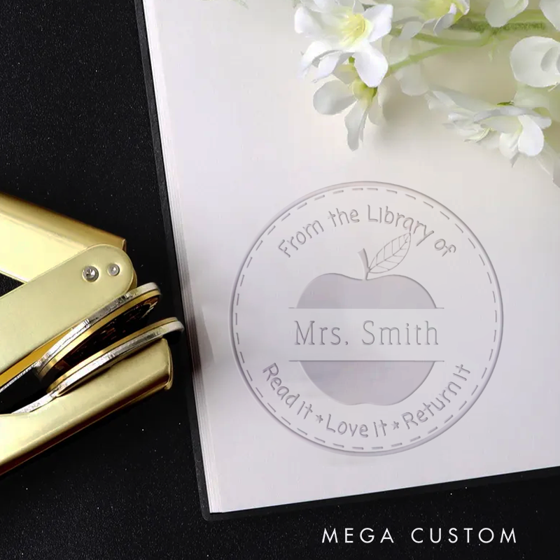 Personalized Teacher Book Embosser Stamp with Apple Design Thoughtful Gift for Teachers