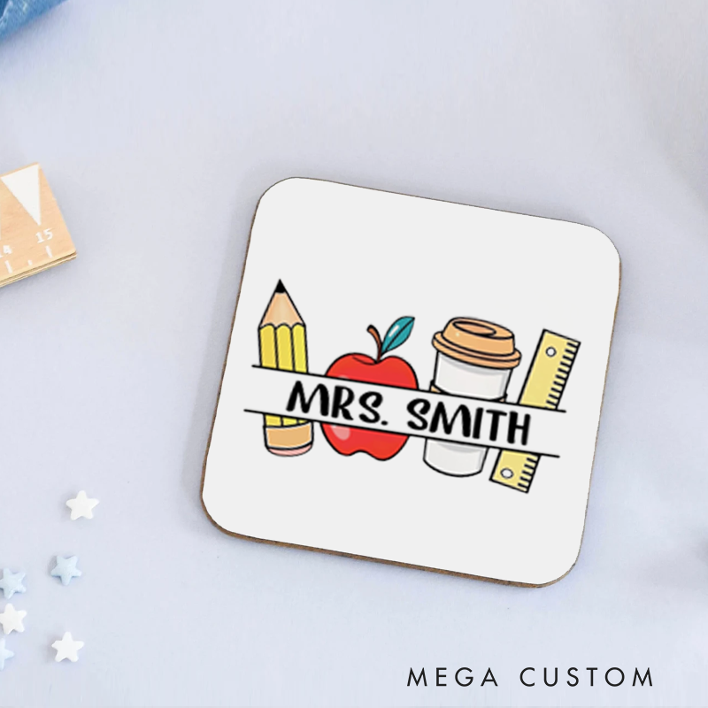 Personalized Coasters for Teachers Pencil Apple Coffee Ruler Appreciation Gift for Teachers