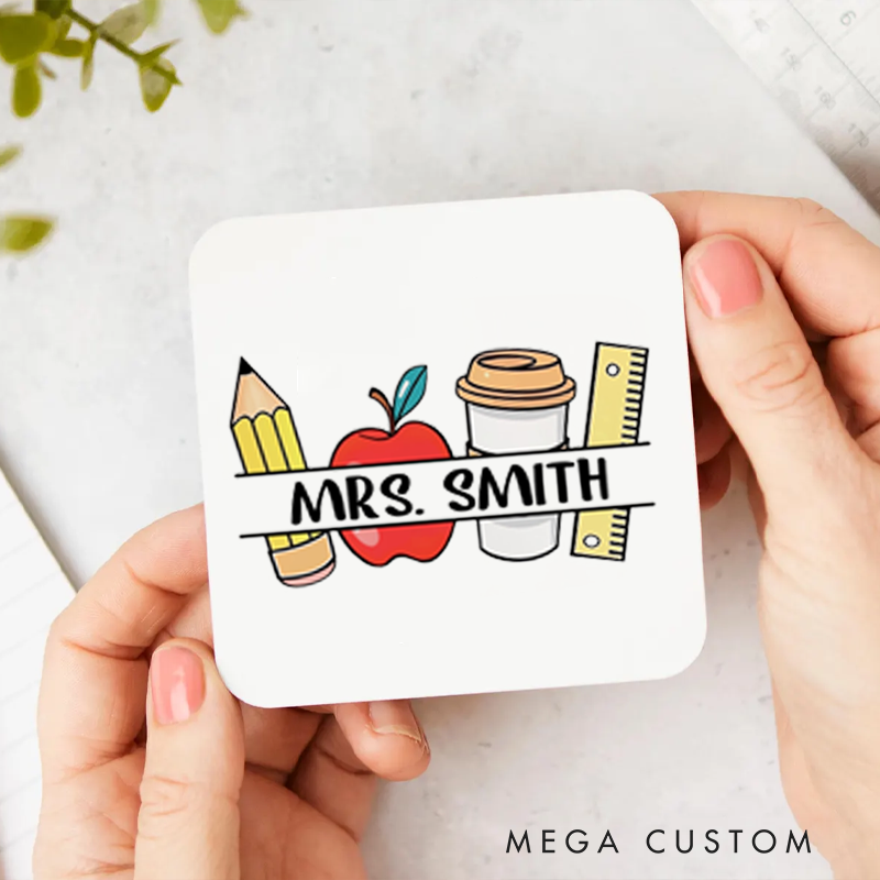 Personalized Coasters for Teachers Pencil Apple Coffee Ruler Appreciation Gift for Teachers