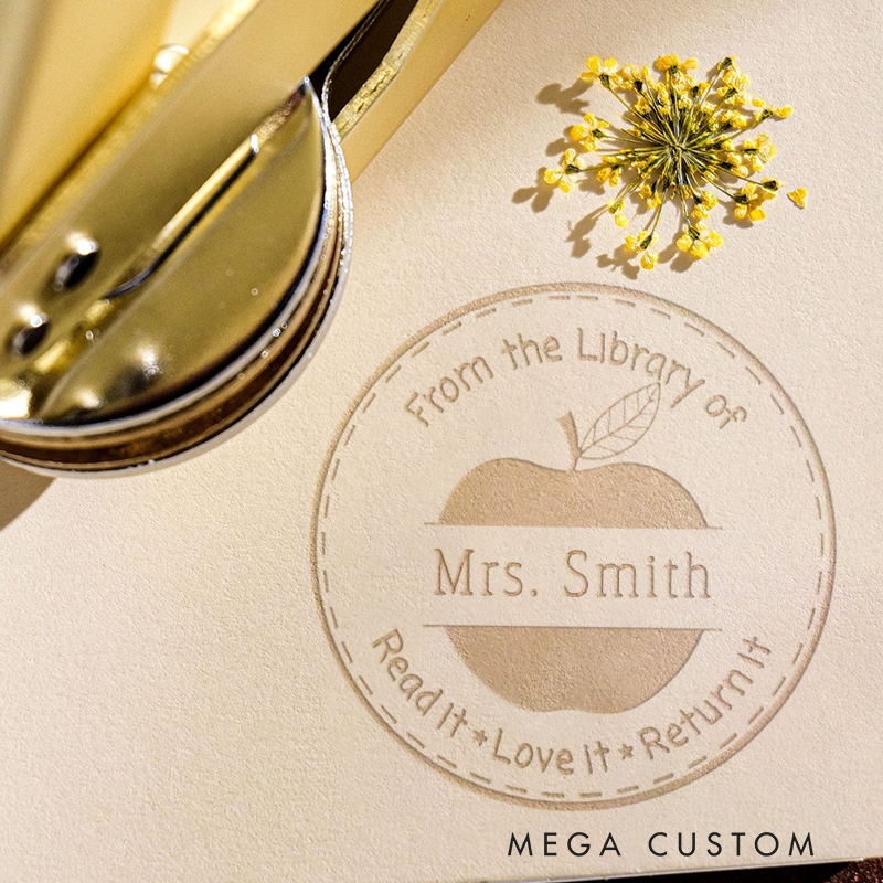 Personalized Teacher Book Embosser Stamp with Apple Design Thoughtful Gift for Teachers