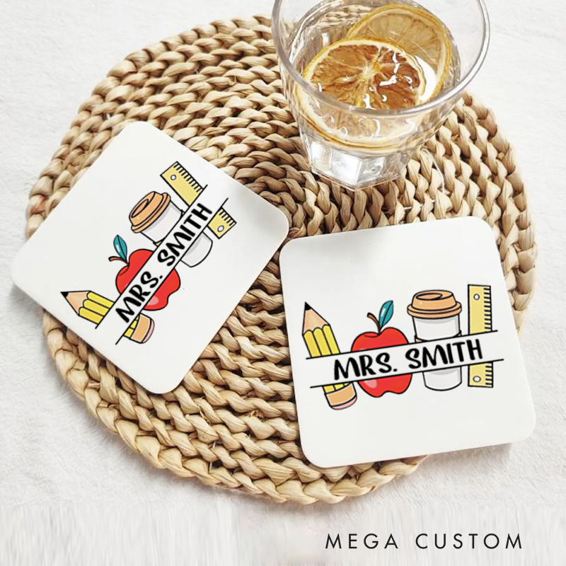 Personalized Coasters for Teachers Pencil Apple Coffee Ruler Appreciation Gift for Teachers