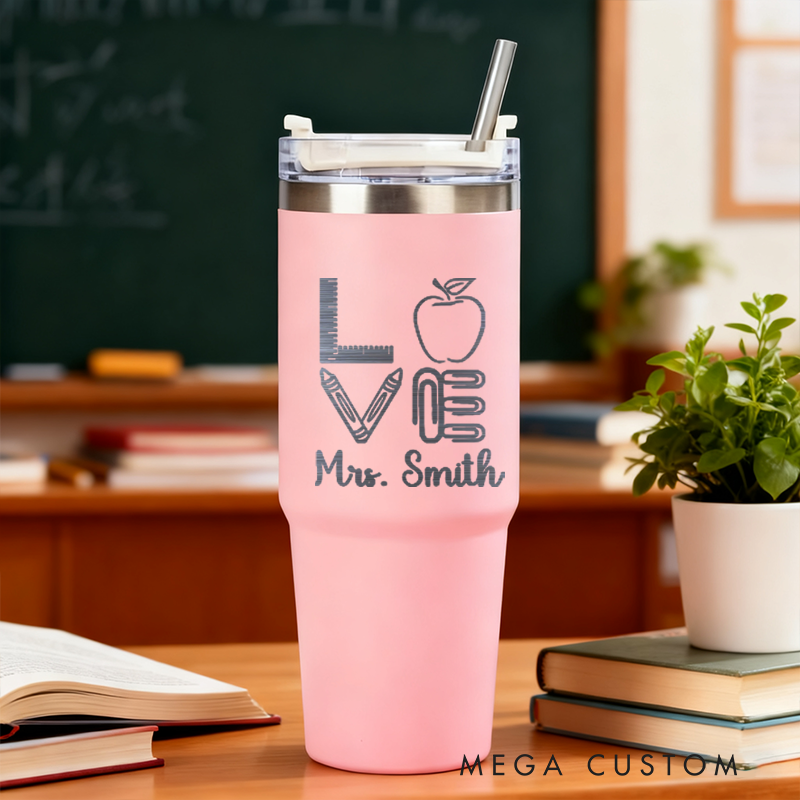 Personalized Tumbler Gift for Teacher Custom Love Apple Design Tumbler Engraved Tumbler Gift