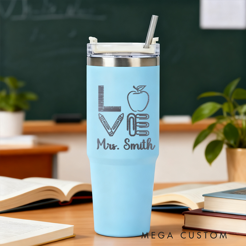 Personalized Tumbler Gift for Teacher Custom Love Apple Design Tumbler Engraved Tumbler Gift