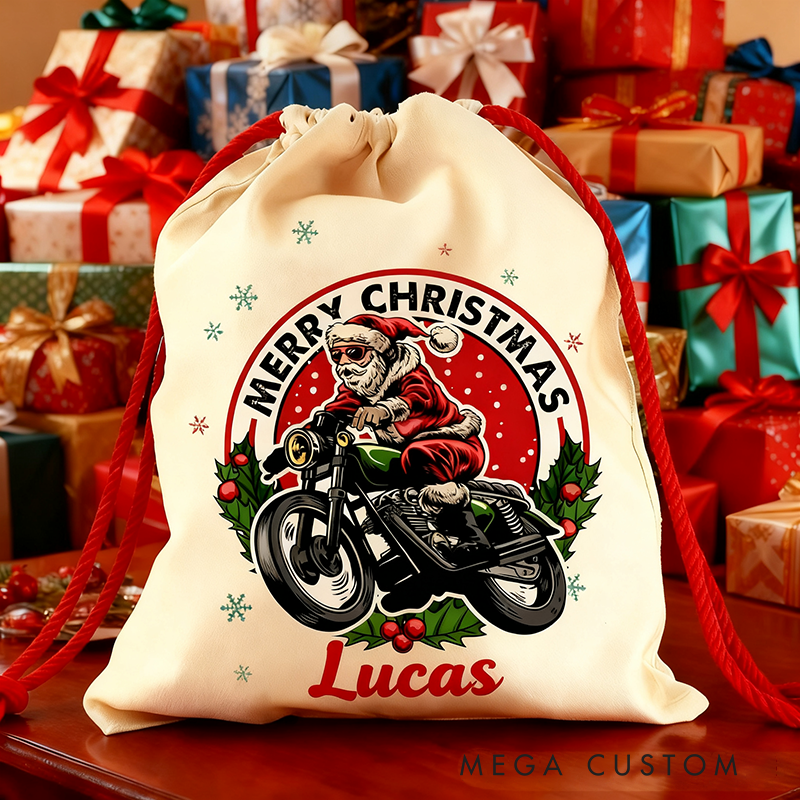Personalized Riding Santa Christmas Sack Custom Name and Size Gift Bag Vintage Christmas Delivery Design
