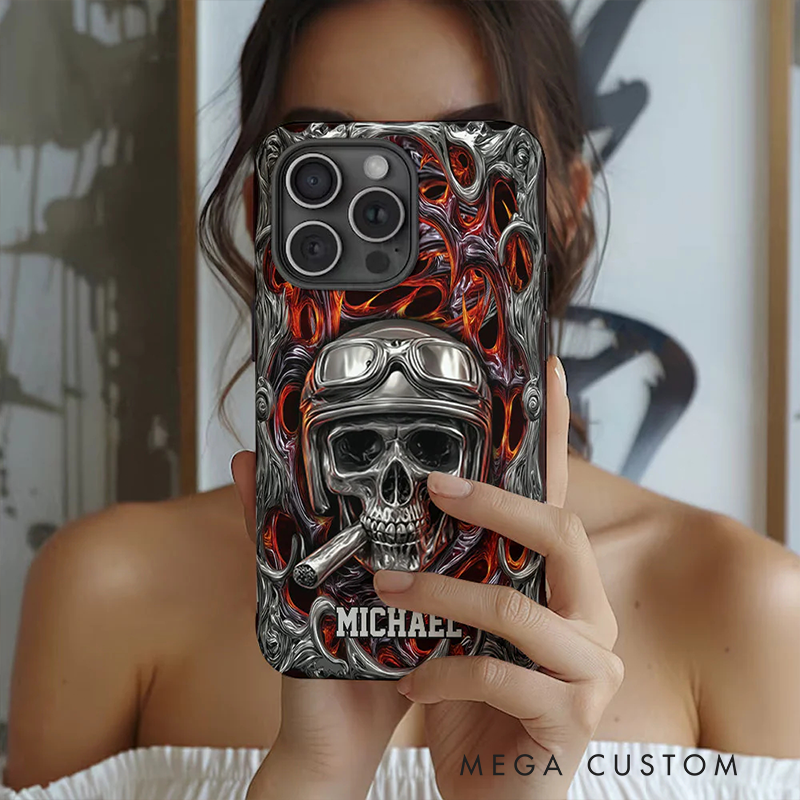 Personalized Motorcycle Skull Flame Phone Case Custom Name and Bike Style Gift for Bikers and Racing Lovers
