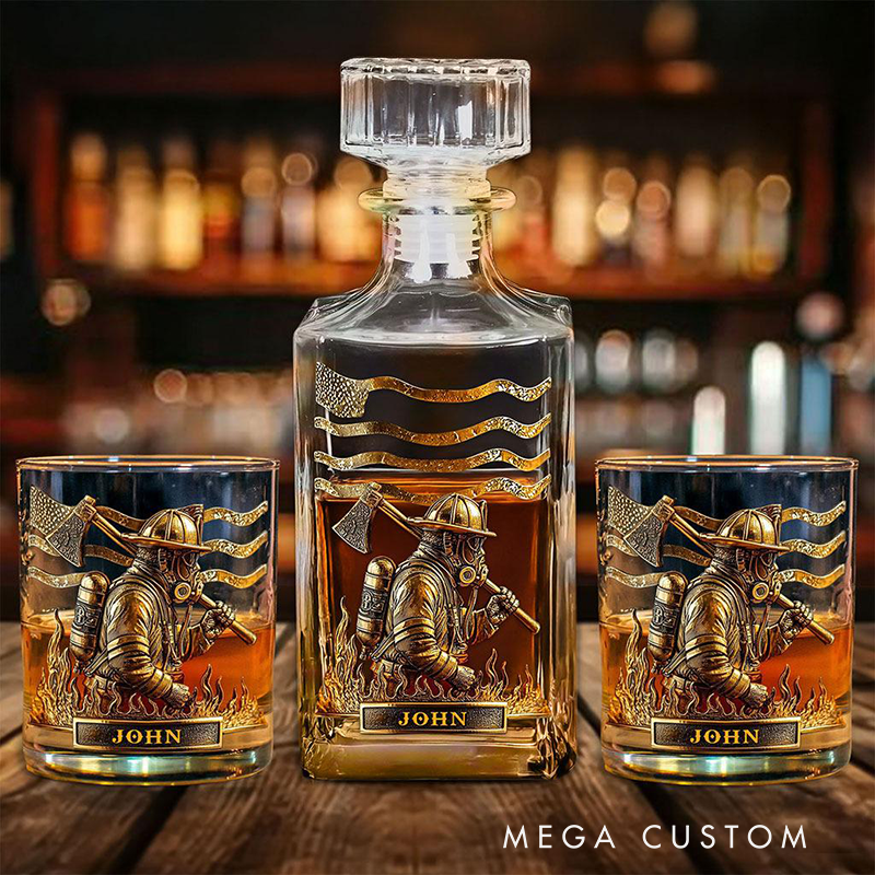 Personalized Firefighter Whiskey Decanter Set Custom Name Gift for Fire Dept
