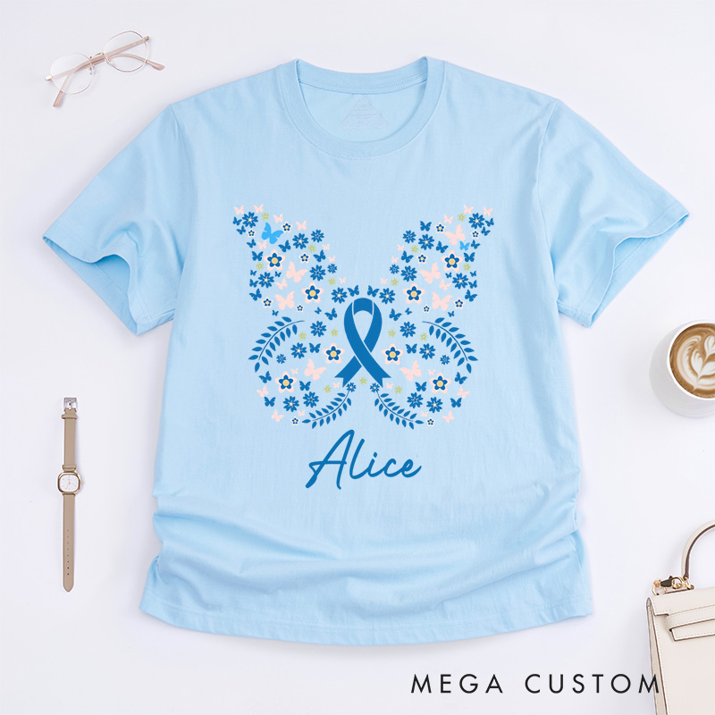 Personalized Butterfly Colon Cancer Ribbon T-Shirt Colorectal Cancer Awareness Gift