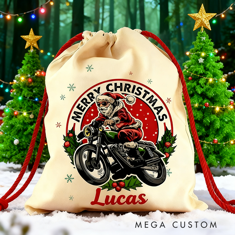 Personalized Riding Santa Christmas Sack Custom Name and Size Gift Bag Vintage Christmas Delivery Design