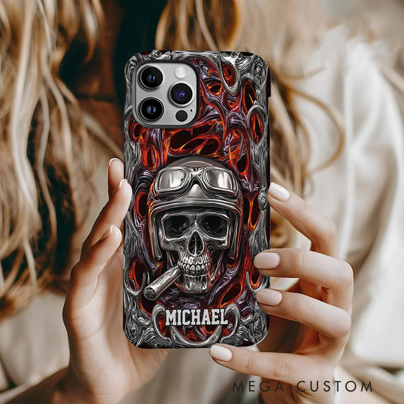 Personalized Motorcycle Skull Flame Phone Case Custom Name and Bike Style Gift for Bikers and Racing Lovers