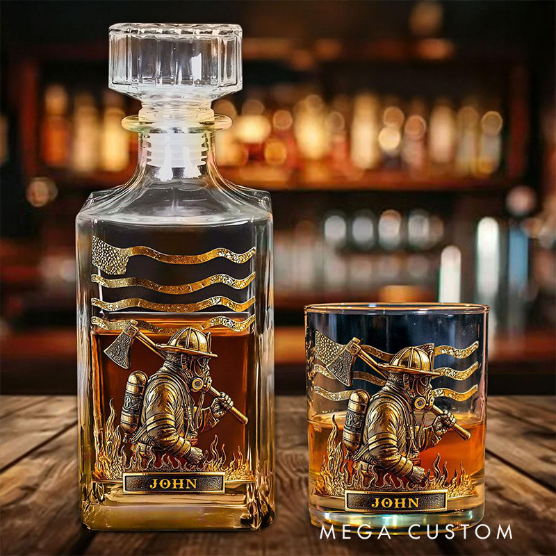 Personalized Firefighter Whiskey Decanter Set Custom Name Gift for Fire Dept