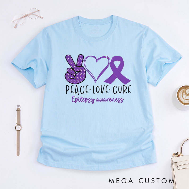 Personalized Peace Love Cure Hearts and Ribbon Design Supporting Epilepsy Awareness and Positivity T-shirt