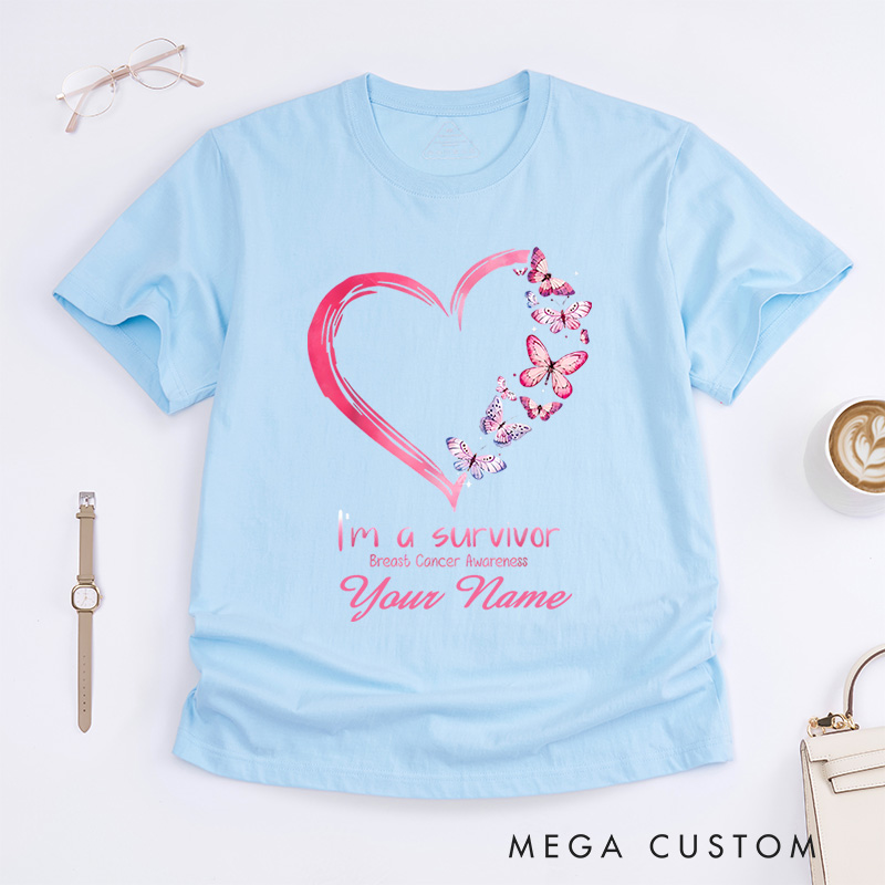 Personalized I Am A Survivor Breast Cancer Awareness Heart And Butterfly Support T-Shirt  