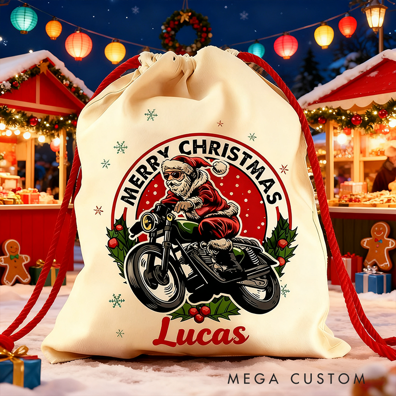 Personalized Riding Santa Christmas Sack Custom Name and Size Gift Bag Vintage Christmas Delivery Design