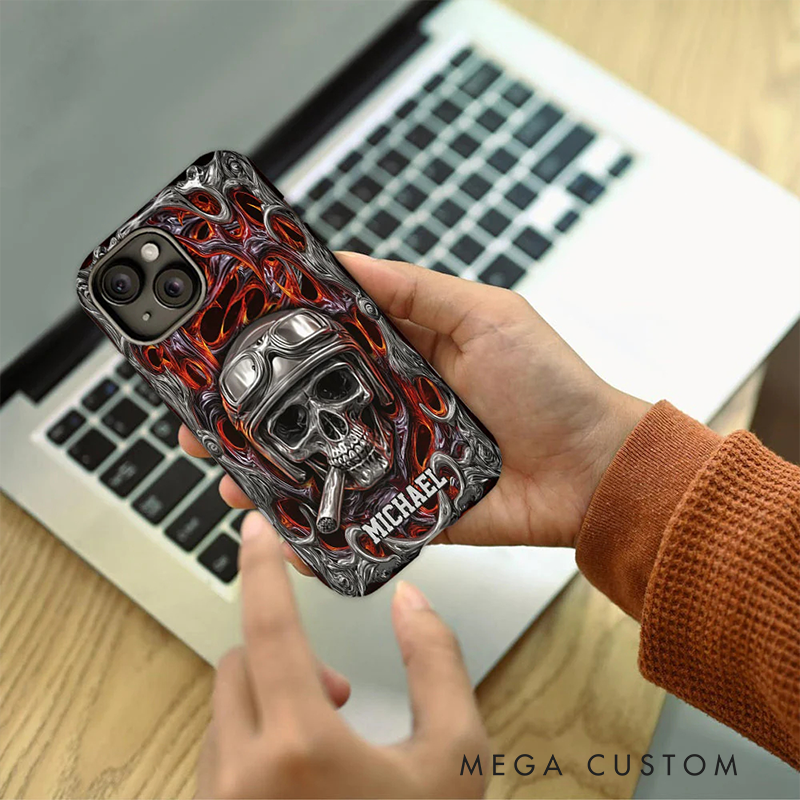 Personalized Motorcycle Skull Flame Phone Case Custom Name and Bike Style Gift for Bikers and Racing Lovers