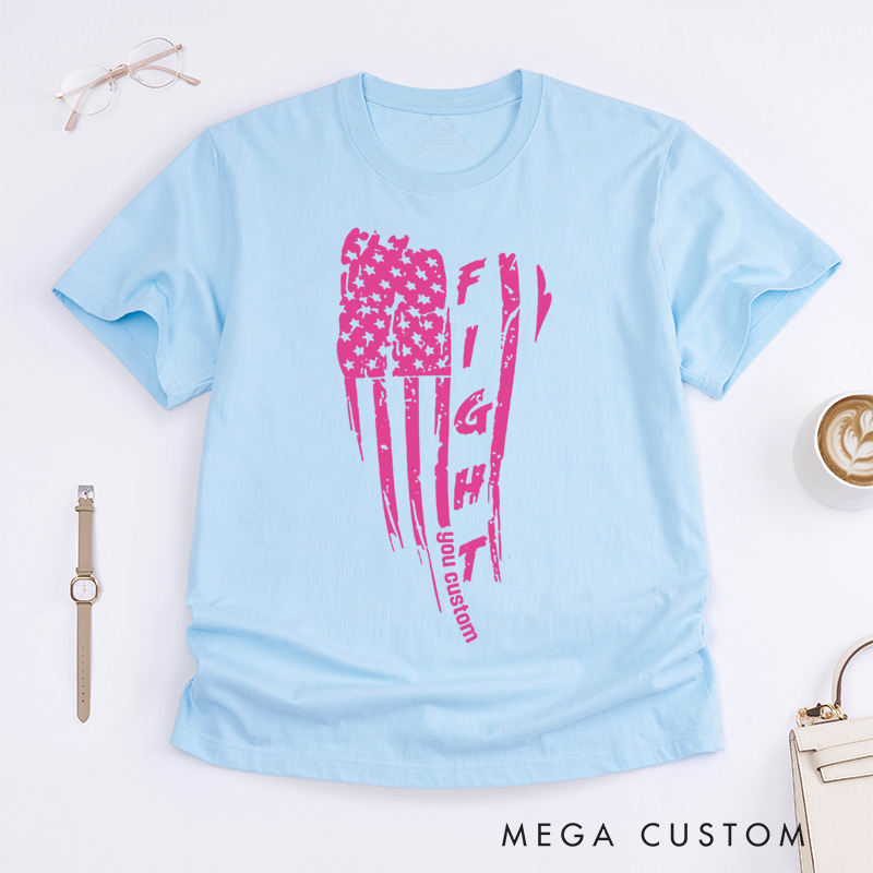 Personalized Fight American Flag Breast Cancer Ribbon Design Supporting Strength and Resilience T-shirt